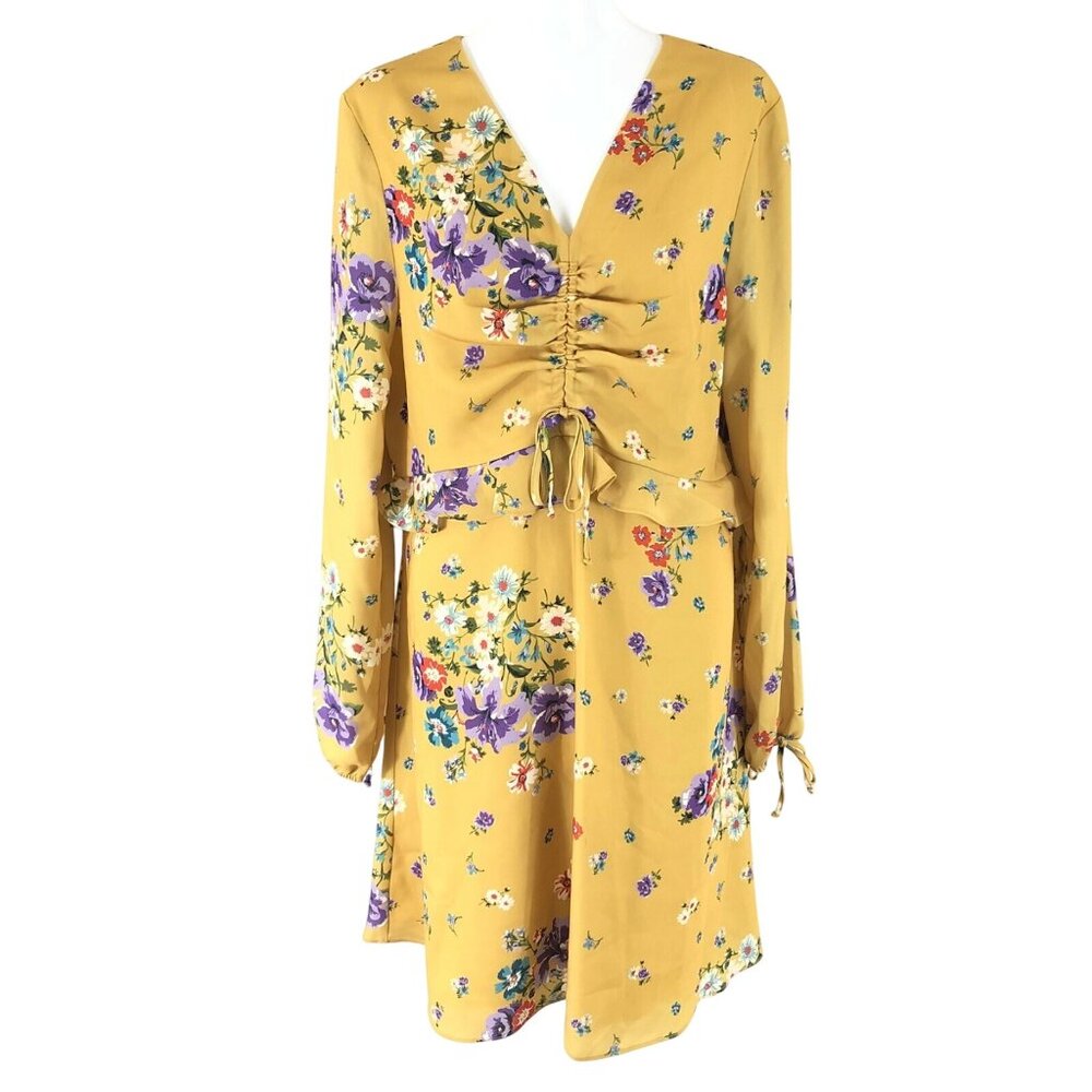 Ella Moon A Line Dress Floral Long Sleeve Ruched Ruffle Yellow Size L